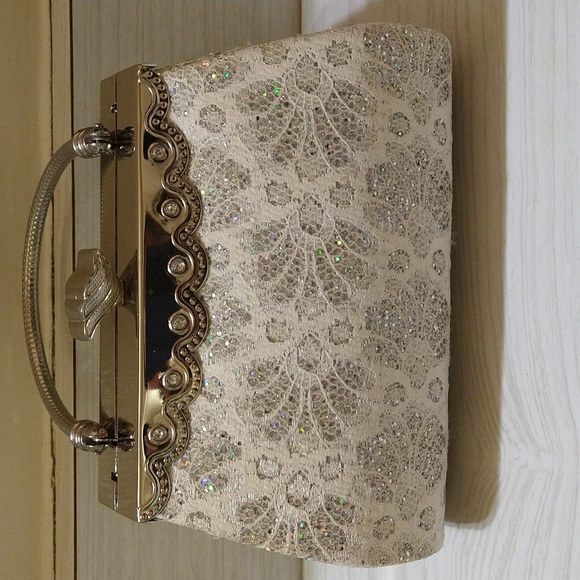Wedding/Prom Clutch Bag with Corded White Lace, Rhinestones & Iridescent Sequins - Picture 2 of 8